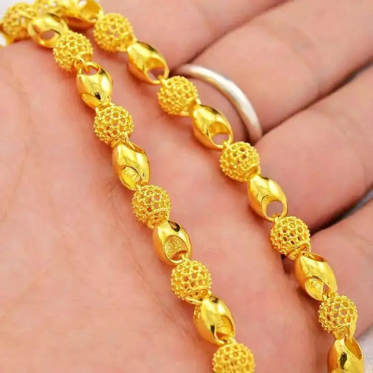 18K Gold Hollow Bead Necklace - Pure 999 Pendant Chain